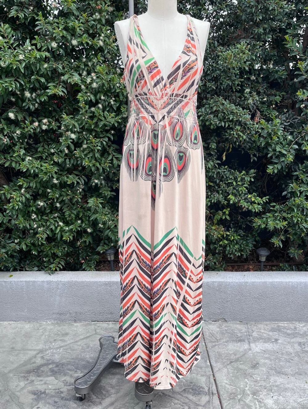 1990s Y2K USA Made Peacock Print Halter Maxi Dress Beige Boho Festival Size L